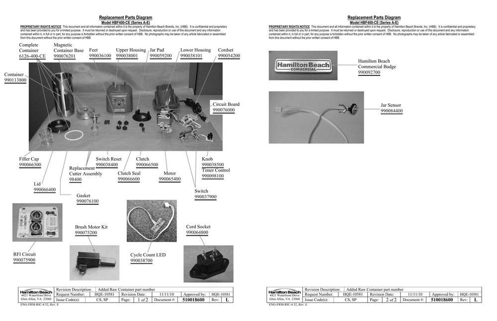 Diagram Diagram and Parts List for HBF400-CE  Hamilton Beach Blender